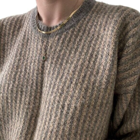 Vintage Jaeger 100% Alpaca Grey Tan Striped Soft Oversized Preppy Sweater Sz L - Picture 8 of 8